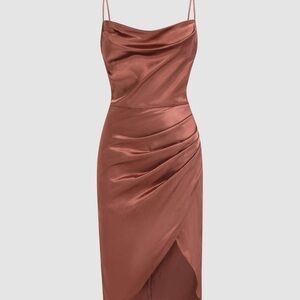 Cider Asymmetrical Satin Dress in Copper